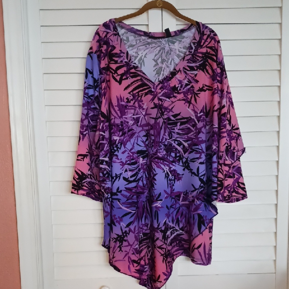 3X Attitudes by Renee Pink Purple Bamboo Leaves Knit Tunic with Layered Cape